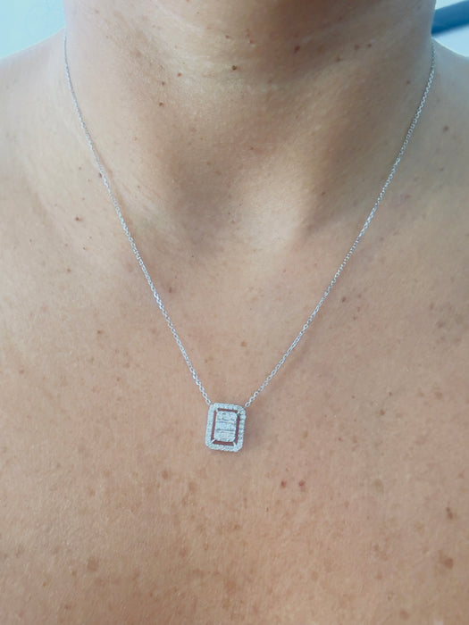 Gargantilla oro blanco 14k con baguette y halo diamantes naturales