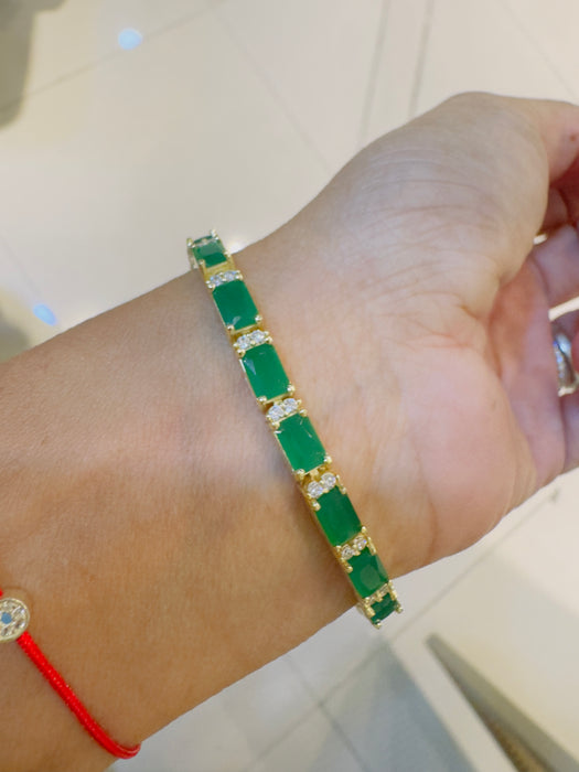 Pulsera tennis plata .925 con baño de oro amarillo y  ágata verde