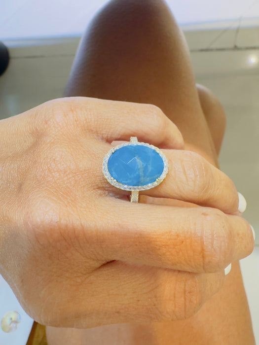 Anillo plata oro amarillo con zirconias y turquesa