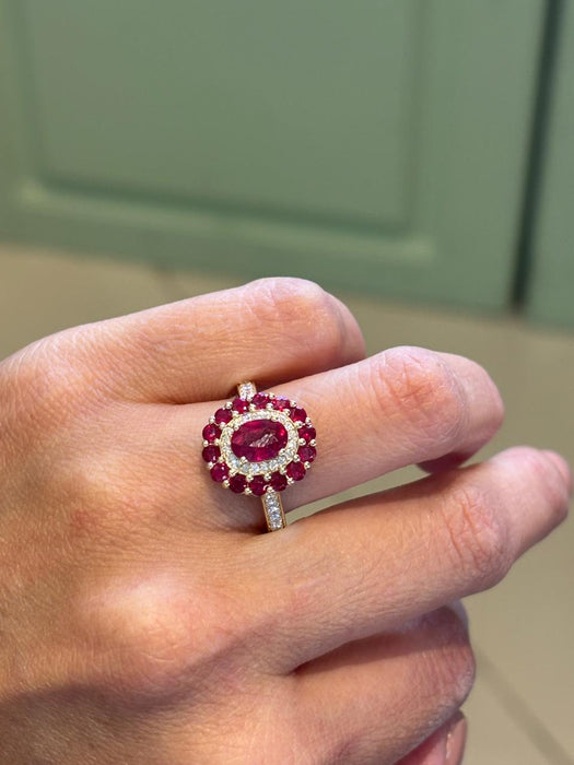 Anillo roseta oro 14k rubies y diamantes natural
