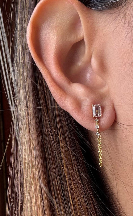 Arete largo con cadena oro 14k y Morganita