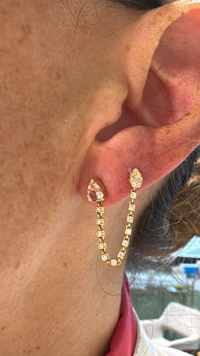 Arete largo piercing oro amarillo 14k con cadena de diamantes naturales  y zafiro rosa