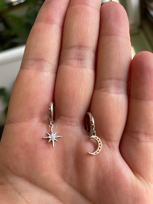 Arete estrella y luna plata rodizada