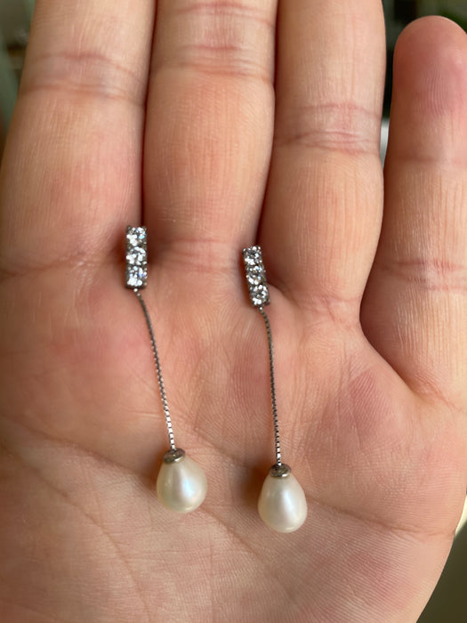 Aretes largo perla plata rodizada