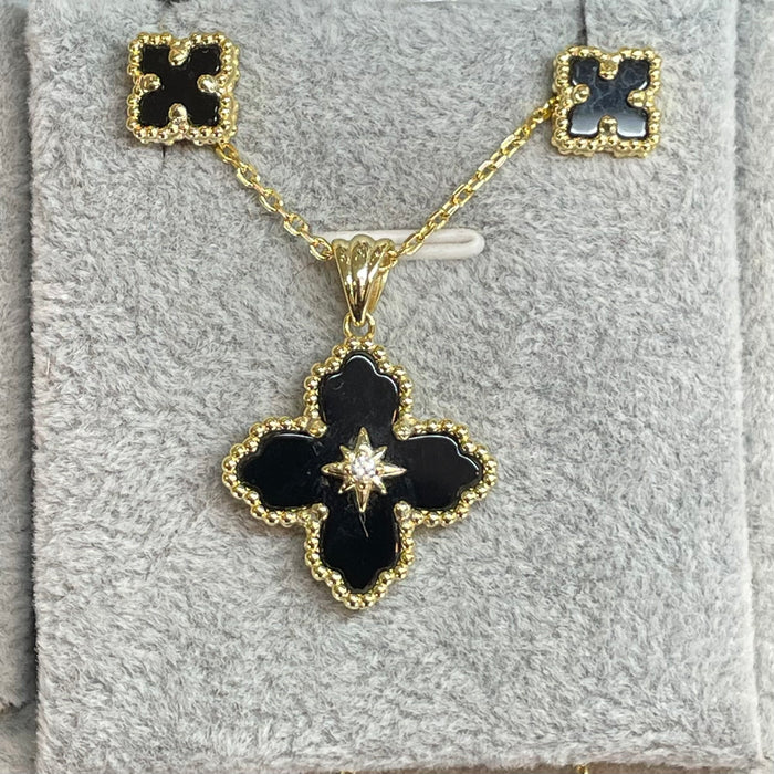 Juego plata 925 rodizada trébol vc piedra negra onix