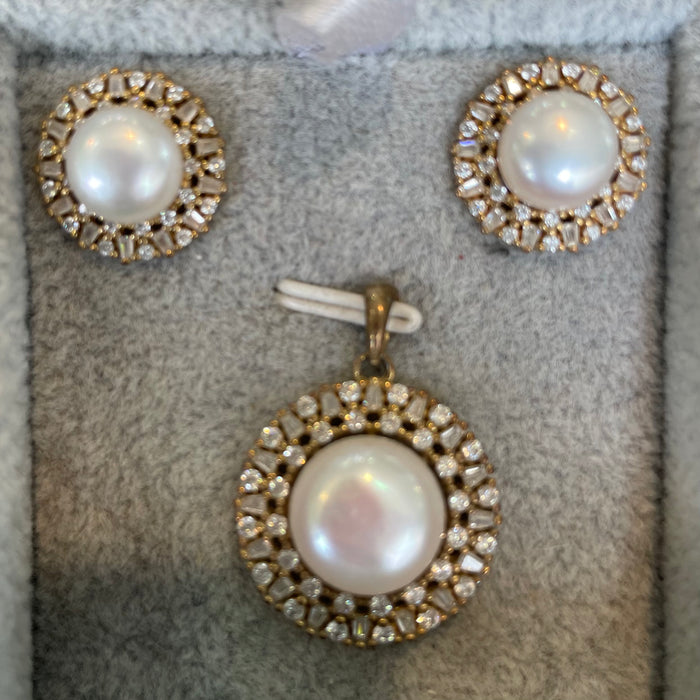 Juego aretes y dije  plata 925 rodizada  perlas y circonias redondo