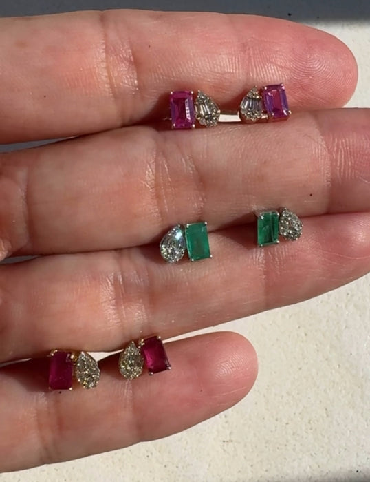 Broquel tú y y yo oro 14k con piedras preciosas Rubie , zafiro o Esmeralda y diamantes naturales