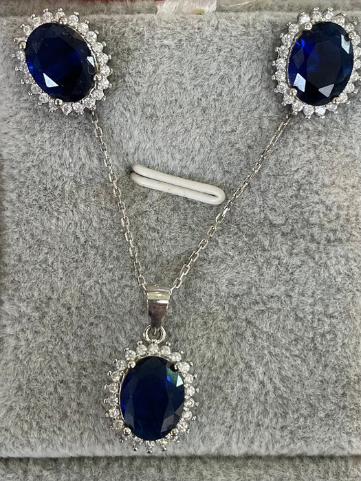 Juego plata 925 cristal zafiro con circonias  ovalado