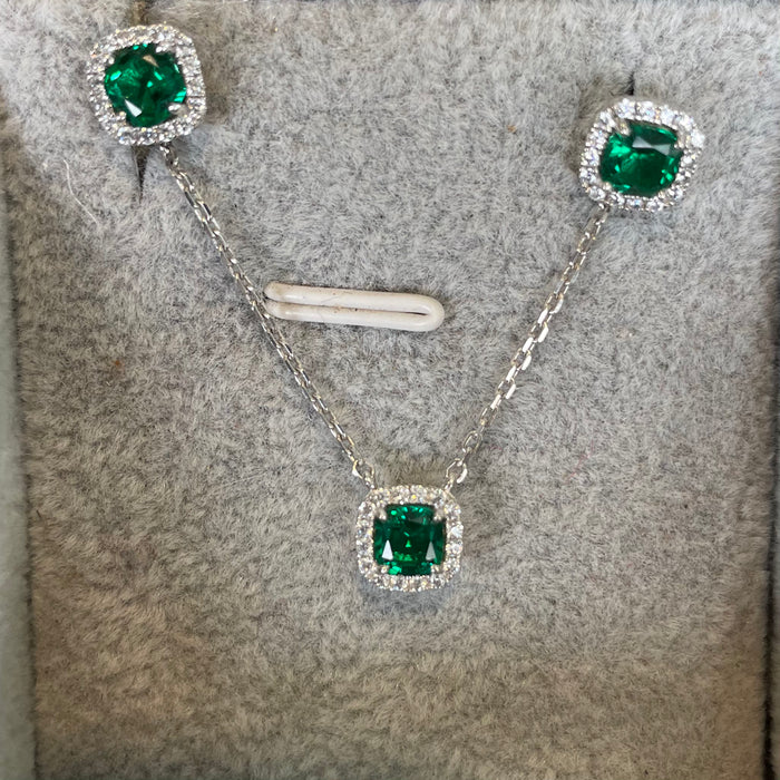 Juego plata 925 cristal esmeralda con circonias en gota, redondo y cuadrado