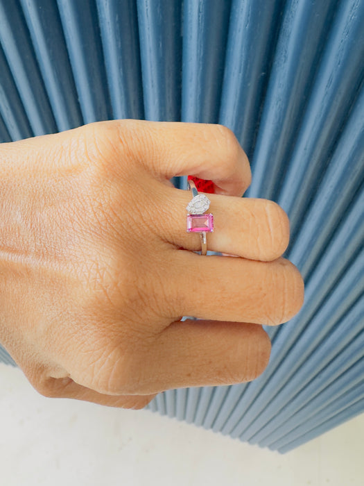 Anillo tú y yo oro blanco 14k con zafiro rosa y diamantes naturales (.60 cts)