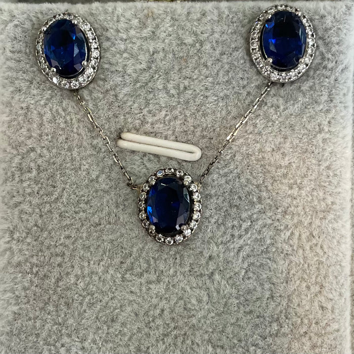 Juego plata 925 cristal zafiro con circonias  ovalado