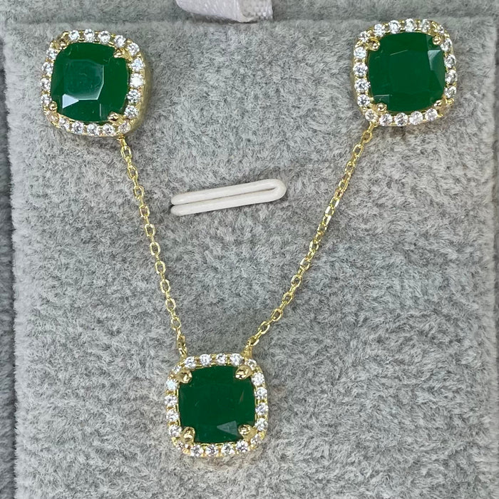 Juego plata 925 rodizada  piedra ágata verde  con circonias halo