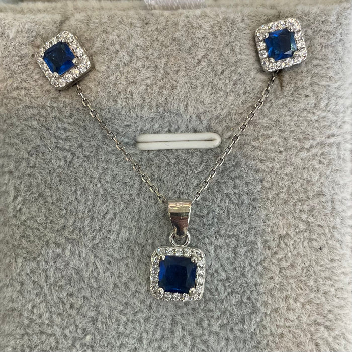 Juego plata 925 cristal zafiro  con circonias cuadrado