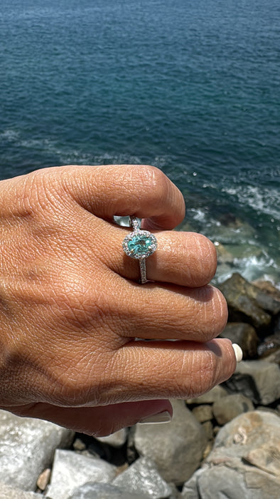 Anillo oro blanco Turmalina paraiba y diamantes naturales