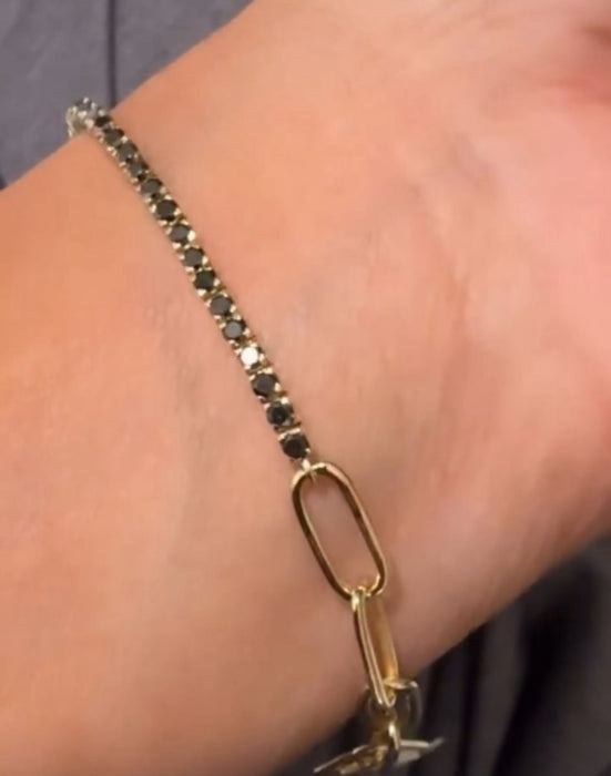 Pulsera paper clip y tenis oro 14k con diamantes negros