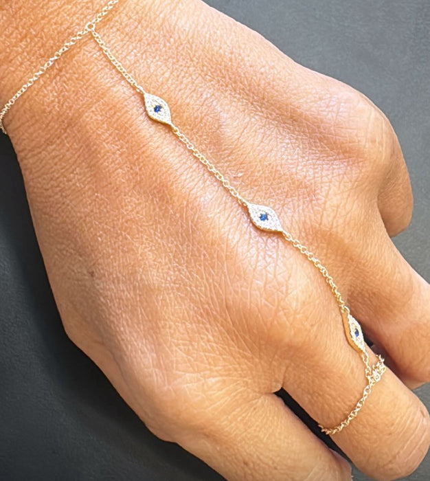 Hand chain evil Eyes oro 14k con zafiro y diamantes naturales