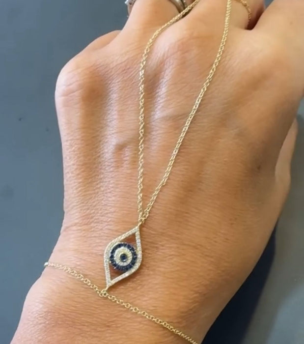 Hand chain evil Eye oro 14k con zafiro y diamantes naturales