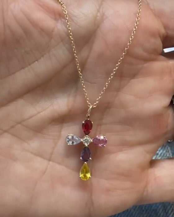 Cruz oro 18 k con zafiros de colores y diamante natural