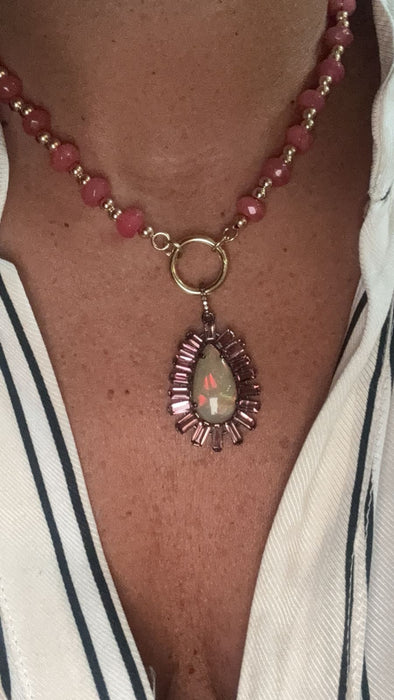 Charm ópalo diamantes y Turmalina Rosa rodio .925 (no incluye cadena)