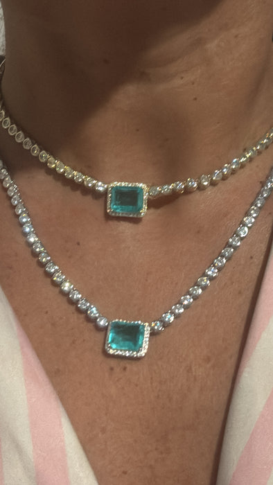 Gargantilla zirconia plata .925 rodizada con piedra color paraiba