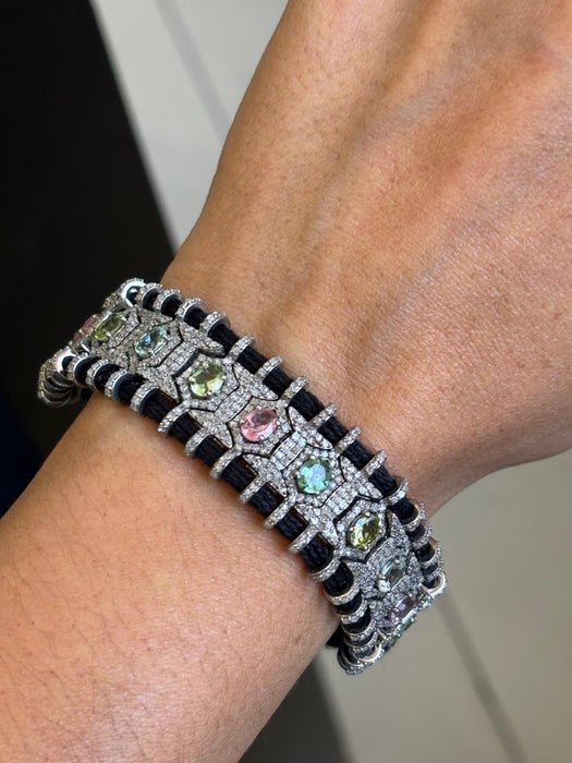 Pulsera hilo plata rodizada .925 y piedras preciosas Turmalinas y diamantes naturales