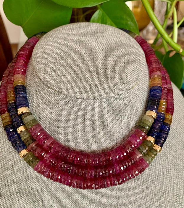 Gargantilla chunky zafiro colores facetados dona oro 14k y broche 10k (medida rondel XL)