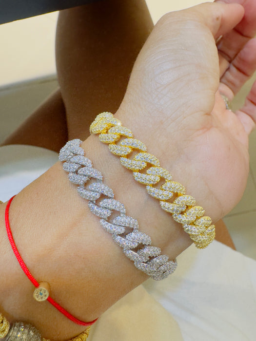 Pulsera plata .925 con rodio o con baño de oro amarilla barbada cubana pave con Zirconia