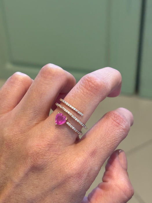 Anillo spiral oro 14k con corazón zafiro rosa y diamantes natural