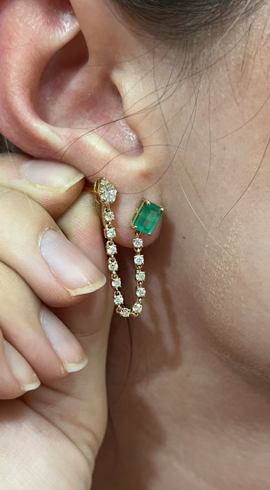 Doble Broquel oro amarillo 14k cadena con diamantes naturales y Esmeralda