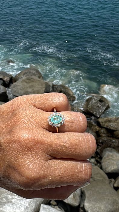 Anillo roseta lady di oro amarillo 14k Turmalina paraiba y diamantes naturales