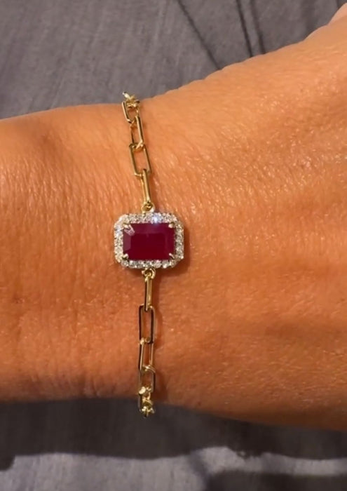 Pulsera paper clip oro 14k con rubí y diamantes naturales