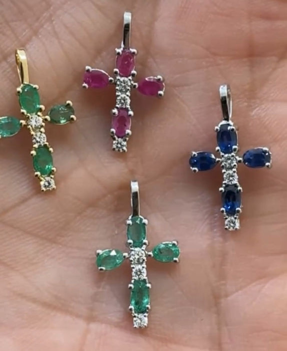 Cruz oro 14k Rubie , zafiro , esmeralda y diamantes naturales
