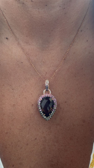 Gargantilla oro rosa 14k con cuarzo ahumado , zafiros rosa , diamantes champagne y blancos