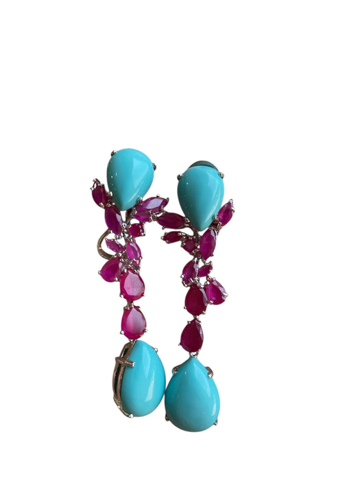 Aretes Largos en Plata con Turquesas y Rubíes