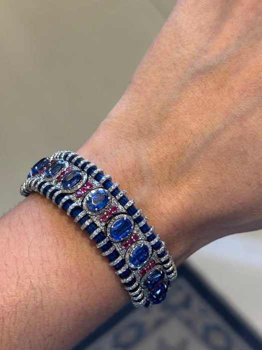 Pulsera hilo plata rodizada zafiro y rubies con diamantes natural