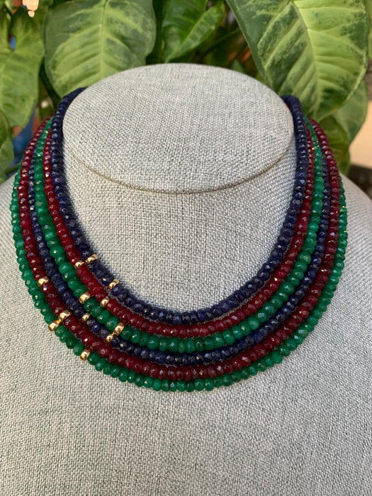 Gargantilla rubí, zafiro y esmeralda facetado