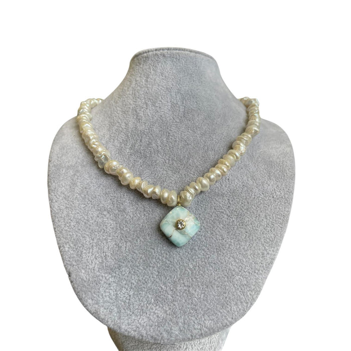 Gargantilla de Perla con Blue silverite y topacio blanco