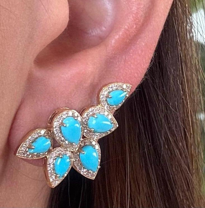 Broquel oro 14k con turquesas y diamantes