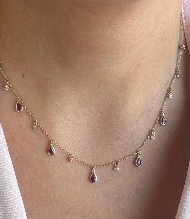 Gargantilla oro 14k colgante rubíes y diamantes naturales
